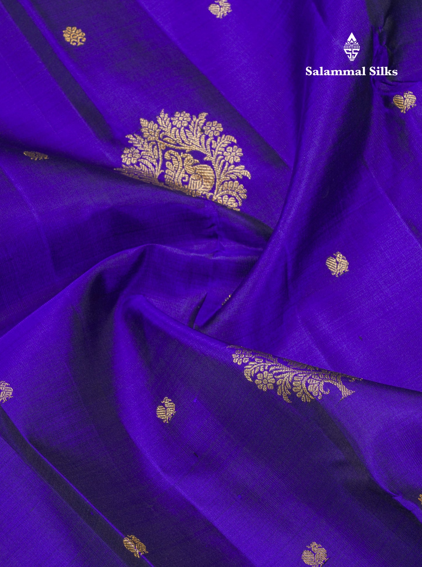 Royal Blue Beautiful Traditional Buttas Pure Kanjivaram Silk Saree With Parrot Green Evening Morning Korvai Border