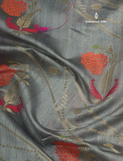 Grey Semi Tussar Saree With Fancy Border