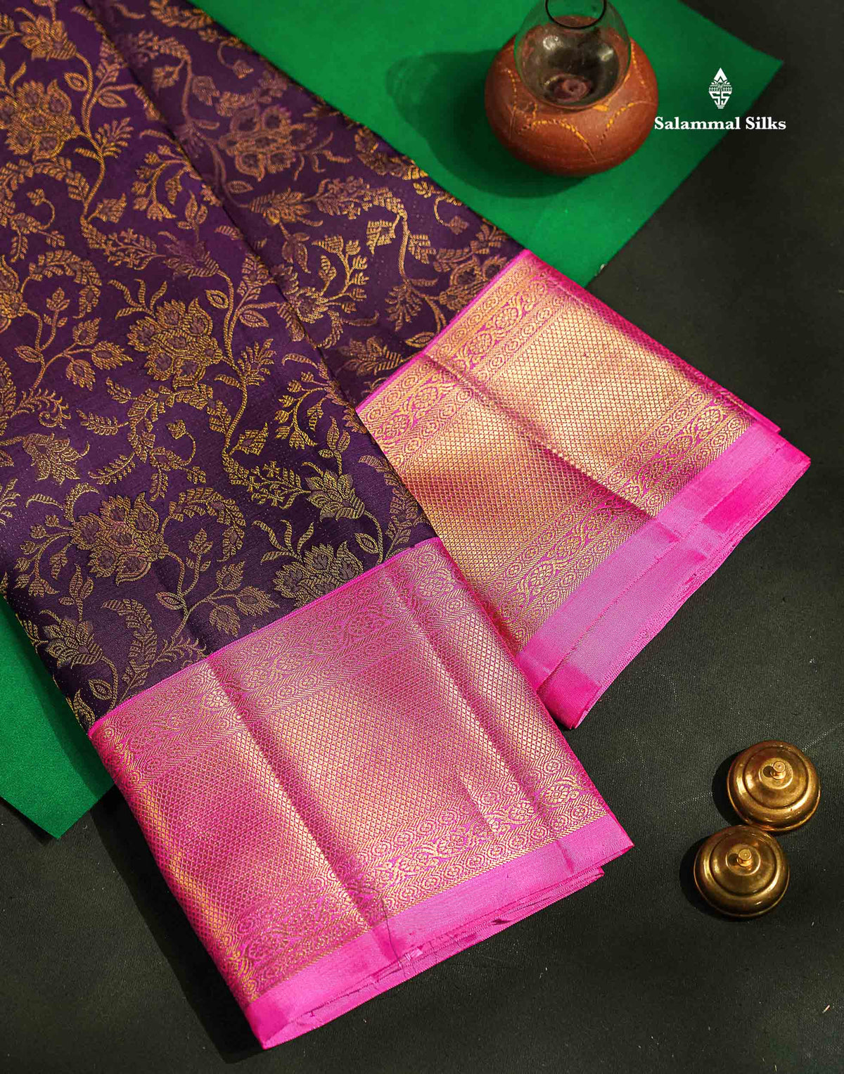 Korvai Beautiful Dark Violet Pure Kanjivaram Silk Saree Pure Zari With Contrast Pink Traditional Border