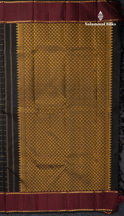 Black Checks Pure Kanjivaram Silk Saree With Contrast Dark Maroon Gap Border