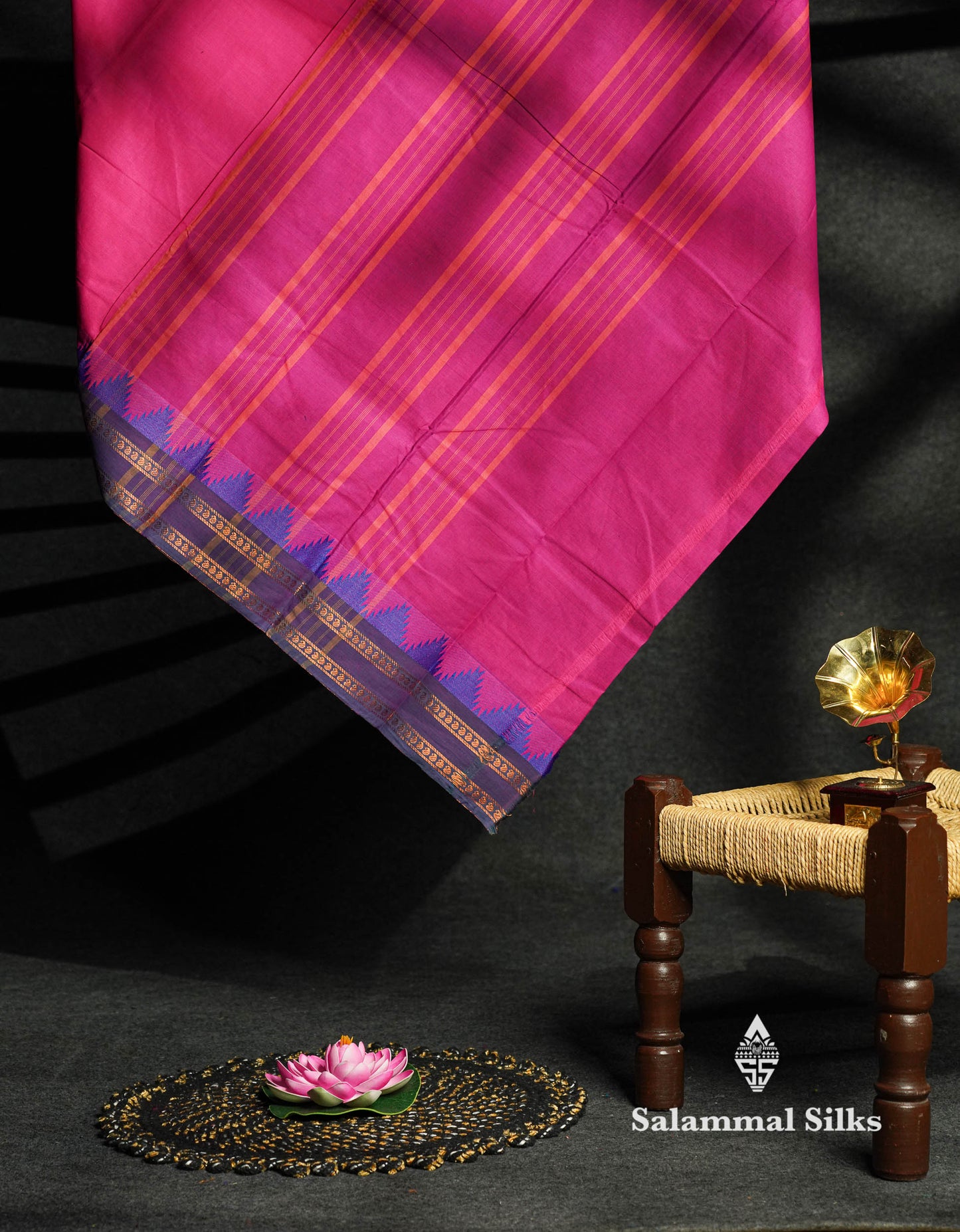 Beautiful Grey Plain Pure Chettinad  Cotton Saree With Violet Thread Work Traditional Temple And Double Border