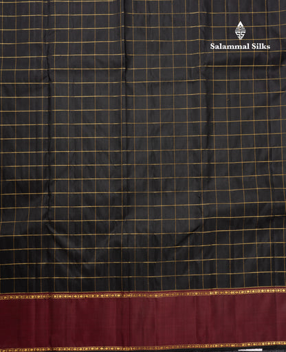 Black Checks Pure Kanjivaram Silk Saree With Contrast Dark Maroon Gap Border