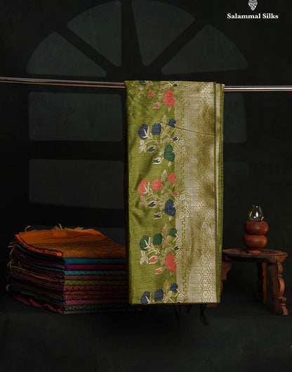 Olive Green Jute Cotton Fancy Saree With Blouse