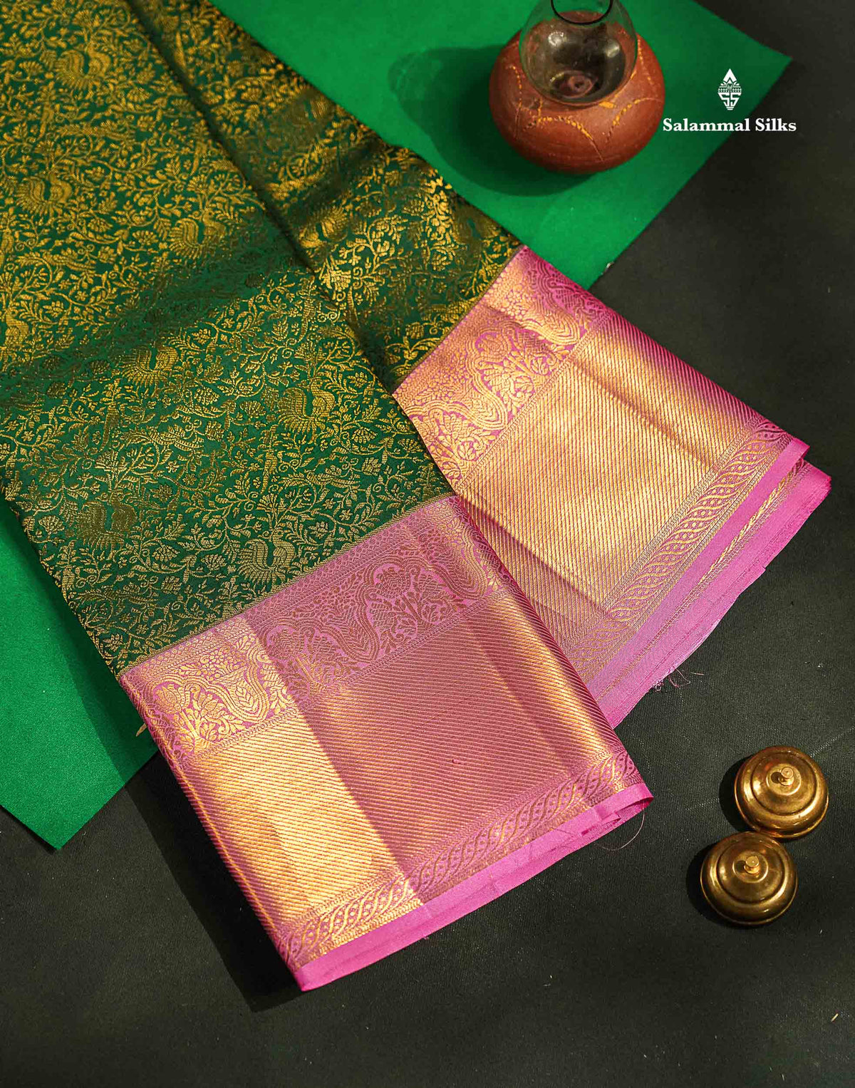 Korvai Bridal Pure Kanjivaram Silk Saree - Bottle Green Colour Body With Light Pink Traditional Border