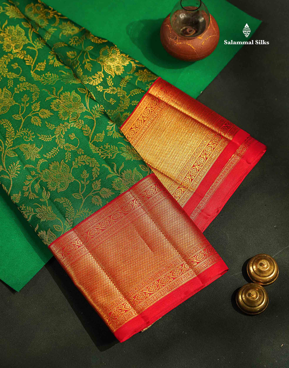 Korvai 2G Zari Pure Kanjivaram Silk Saree - Green Colour with Contrast Red Traditional Border