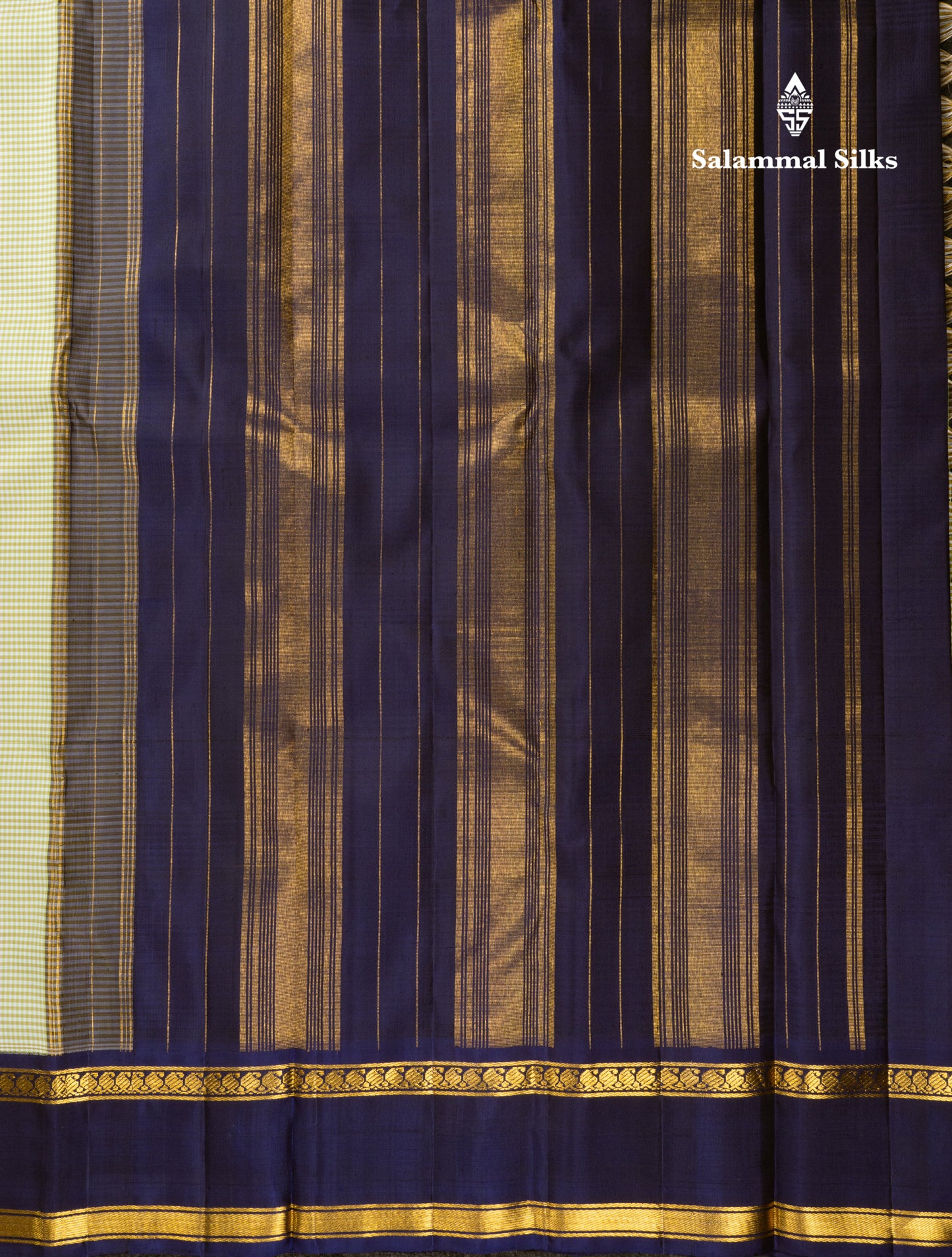 Koravi Tiny Checks Pure Kanjivaram Silk Saree With Contrast Violet Double Border