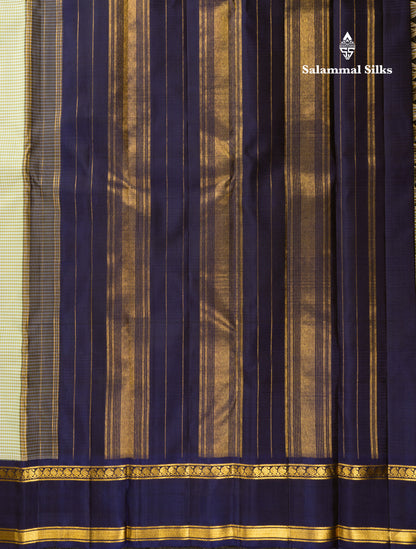 Koravi Tiny Checks Pure Kanjivaram Silk Saree With Contrast Violet Double Border
