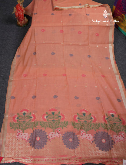 Beautiful Dark Peach Muga Cotton Saree With Contrast Pink Blouse