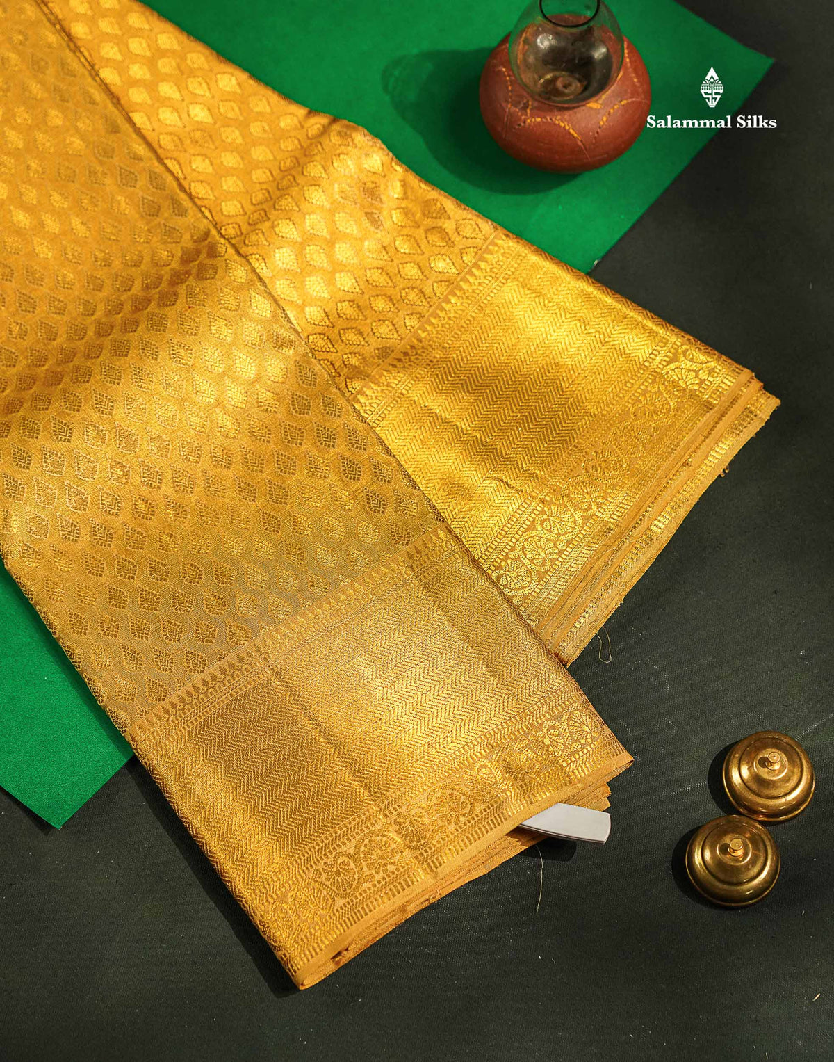 Bridal Pure Kanjivaram Silk Saree - Gold Colour Tissue With Traditional Border