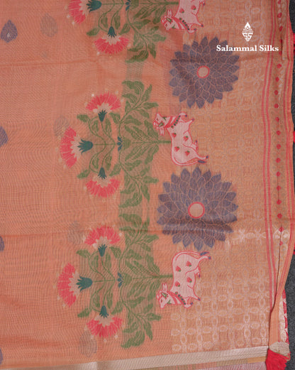 Beautiful Dark Peach Muga Cotton Saree With Contrast Pink Blouse