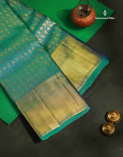 Beautiful Zari Checks With Traditional Butta Dual Tone Peacock Green Bridal Pure Kanjivaram Silk Saree With Blouse