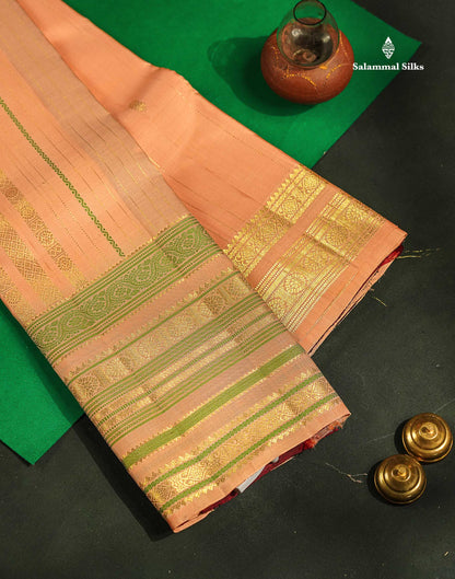 Beautiful Peach Handloom Fancy Pure Kanjivaram Silk Saree With Traditional Evening Morning Border