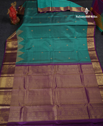 Beautiful Ramar Blue Pure Kanjivaram Silk Saree With Contrast Dark Purple Traditional Border