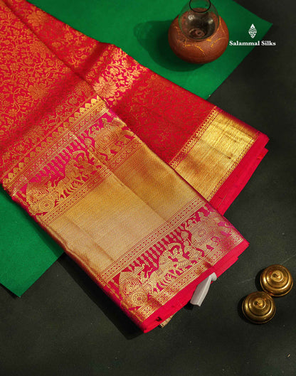 Beautiful Dual Tone Pink Bridal Pure Kanjivaram Silk Saree With Traditional Long Pallaku Border
