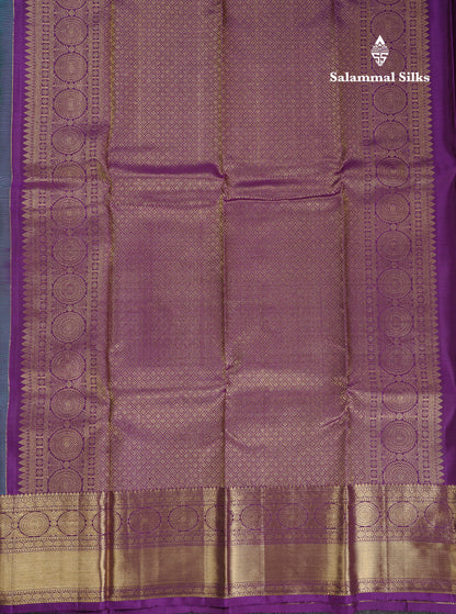 Beautiful Ramar Blue Pure Kanjivaram Silk Saree With Contrast Dark Purple Traditional Border