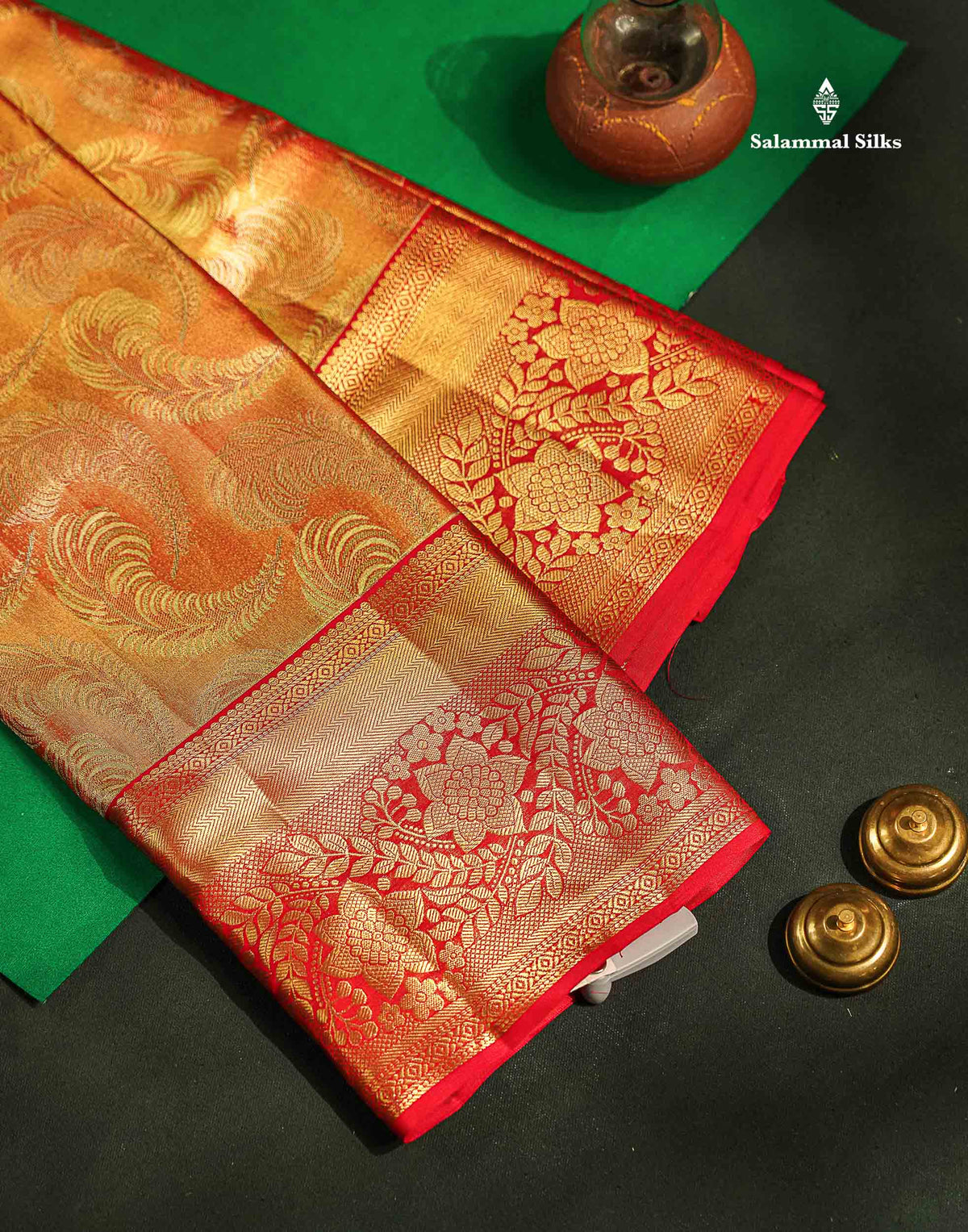 Bridal Pure Kanjivaram Silk Saree - Orange Tissue With Contrast Red Border