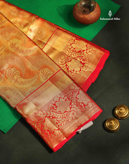 Bridal Pure Kanjivaram Silk Saree - Orange Tissue With Contrast Red Border