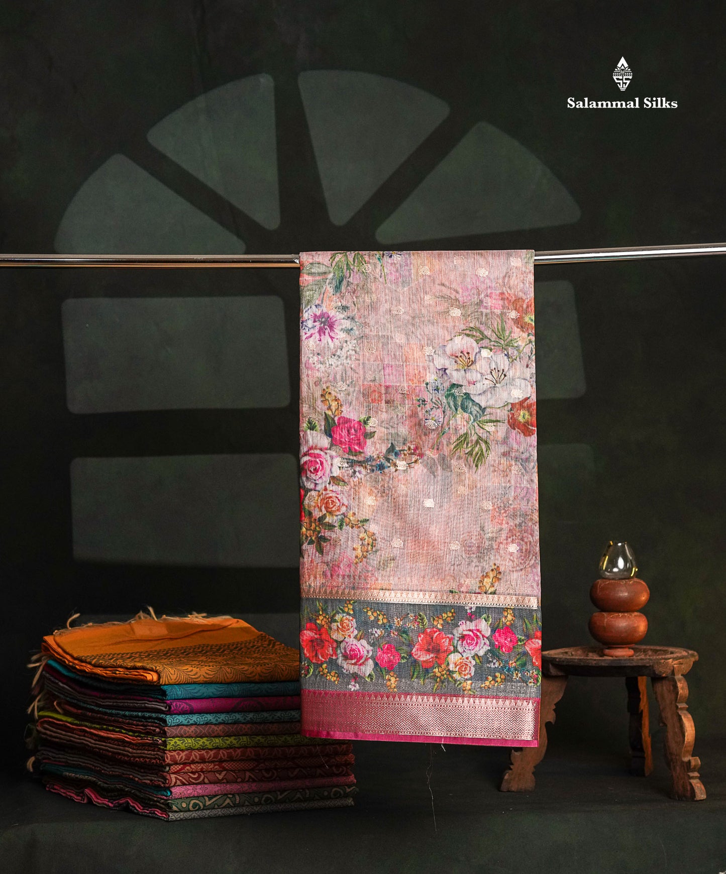 Light Pink Printed Linen Mix Fancy Saree With Contrast Peacock Green Fancy Border
