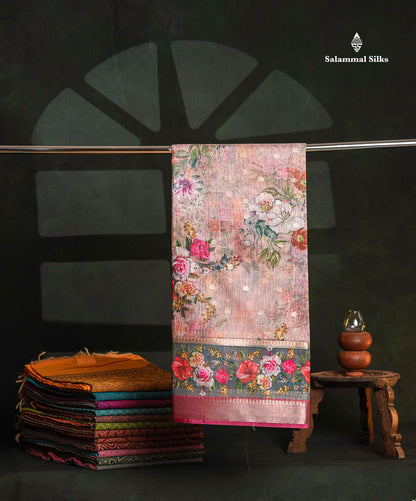 Light Pink Printed Linen Mix Fancy Saree With Contrast Peacock Green Fancy Border