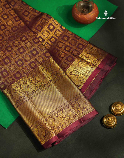 Beautiful Wine Colour Checks & Buttas Bridal 2G Pure Kanjivaram Silk Saree With Traditional Evening Morning Border
