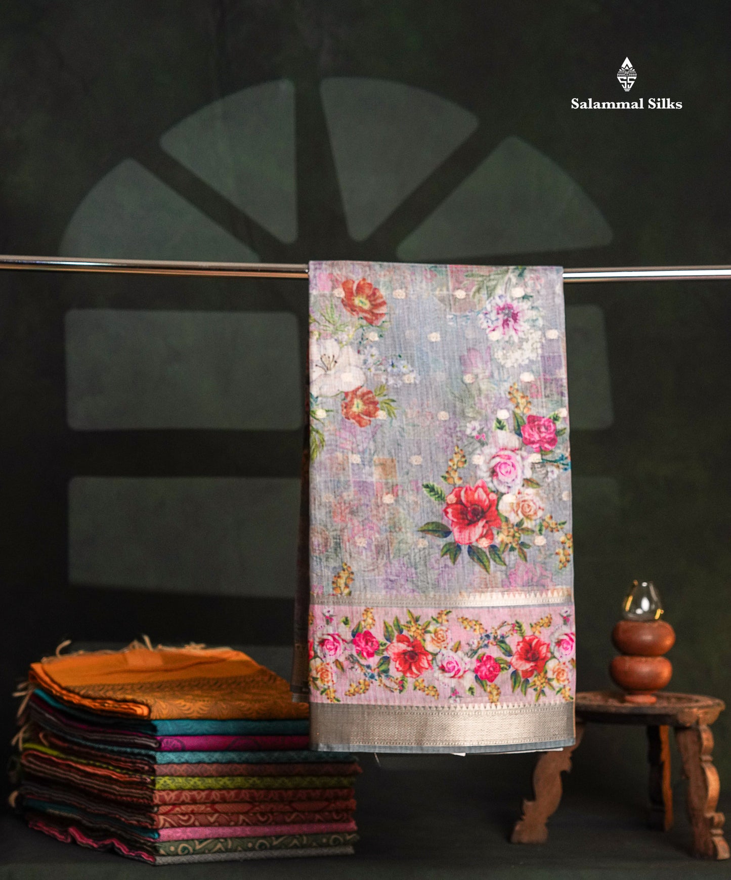 Light Pink Printed Linen Mix Fancy Saree With Contrast Peacock Green Fancy Border