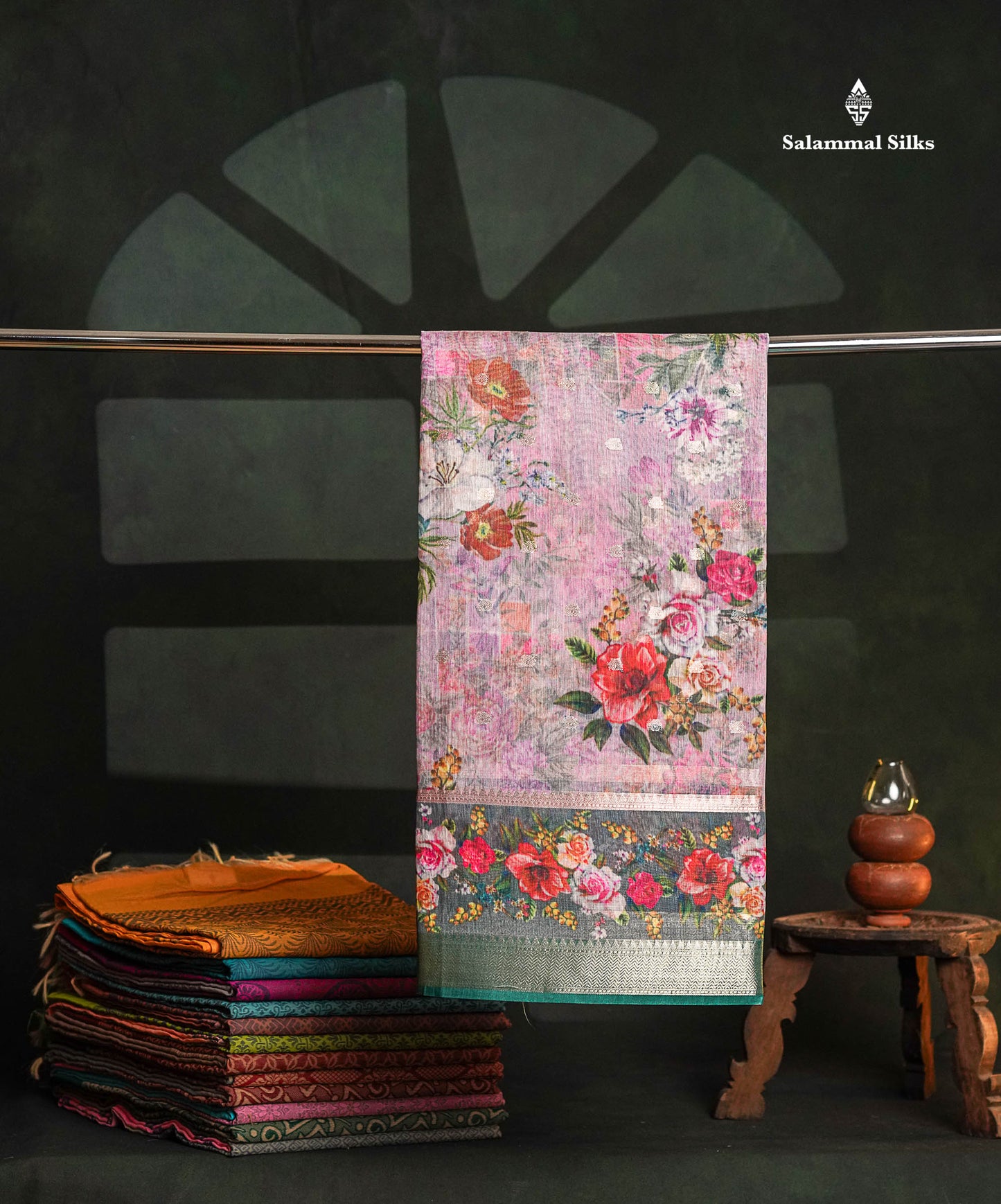Light Pink Printed Linen Mix Fancy Saree With Contrast Peacock Green Fancy Border