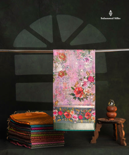 Light Pink Printed Linen Mix Fancy Saree With Contrast Peacock Green Fancy Border