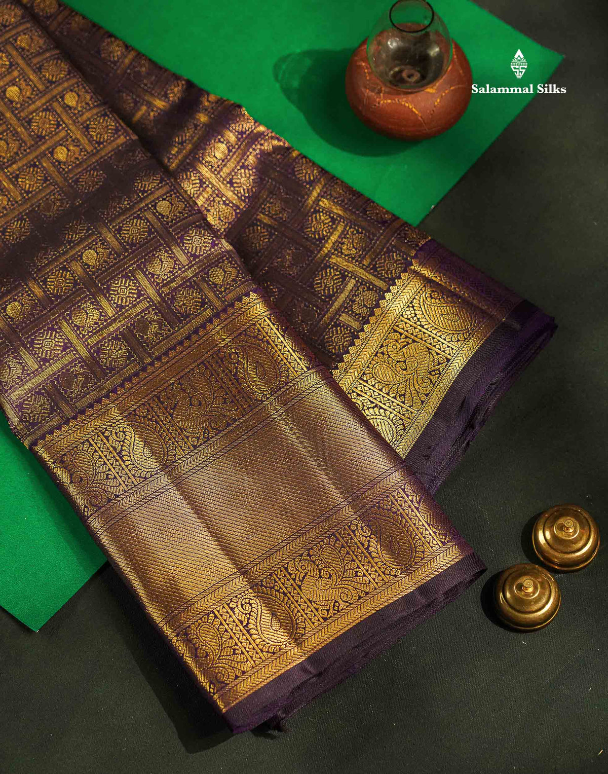 Beautiful Violet Chakaram & Mayil Butta Checks Bridal 2G Pure Kanjivaram Silk Saree With Traditional Evening Morning Border