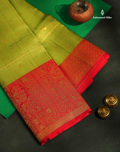 Beautiful Parrot Green Bridal Pure Kanjivaram Silk Saree With Contrast Red Traditional Evening Morning Border