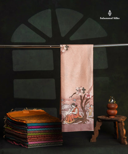 Beautiful Peach Printed Semi Tussar Saree With Village Theme Border