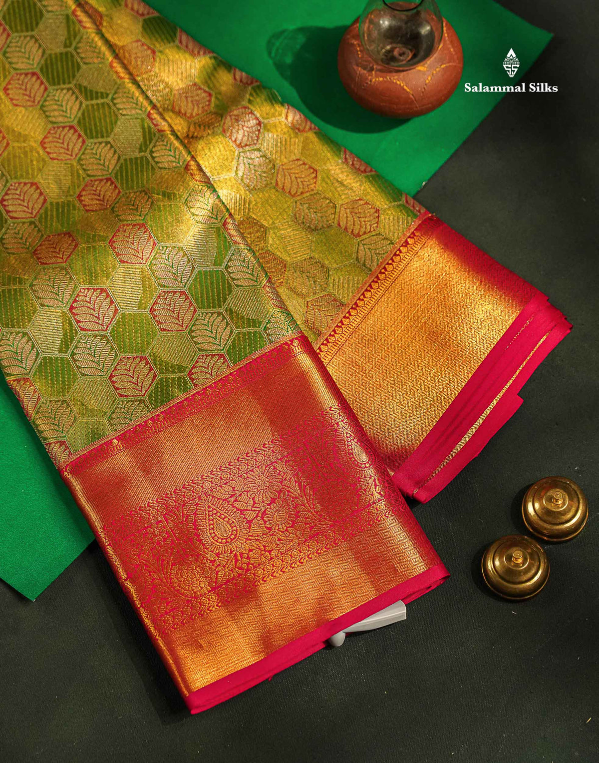 Beautiful Green Menakari Work Tissue Bridal Pure Kanjivaram Silk Saree With Contrast Pink Traditional Evening Morning Border