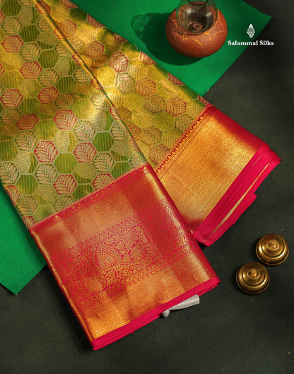 Beautiful Green Menakari Work Tissue Bridal Pure Kanjivaram Silk Saree With Contrast Pink Traditional Evening Morning Border