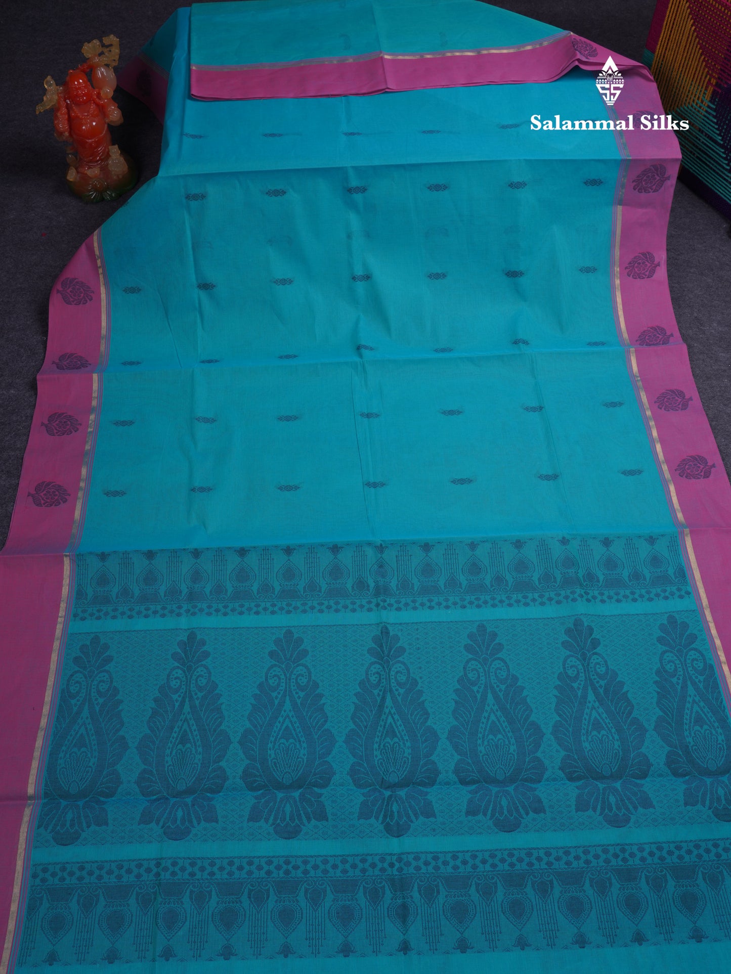 Beautiful Sapphire Blue Pure Cotton Saree With Contrast Purple Border