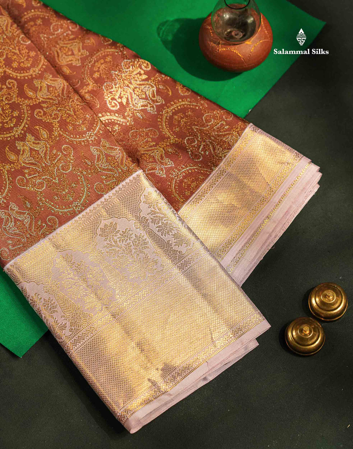 Beautiful Light Chocolate Bridal 2G Pure Kanjivaram Silk Saree With Contrast Light Pink Traditional Evening Morning Border