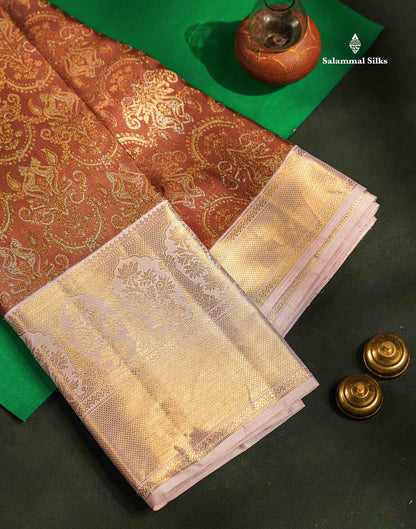 Beautiful Light Chocolate Bridal 2G Pure Kanjivaram Silk Saree With Contrast Light Pink Traditional Evening Morning Border