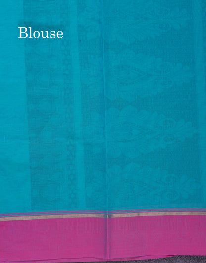 Beautiful Sapphire Blue Pure Cotton Saree With Contrast Purple Border