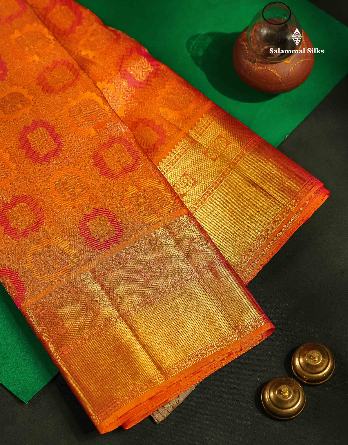 Beautiful Orange Bridal Pure Kanjivaram Silk Saree With Traditional Border