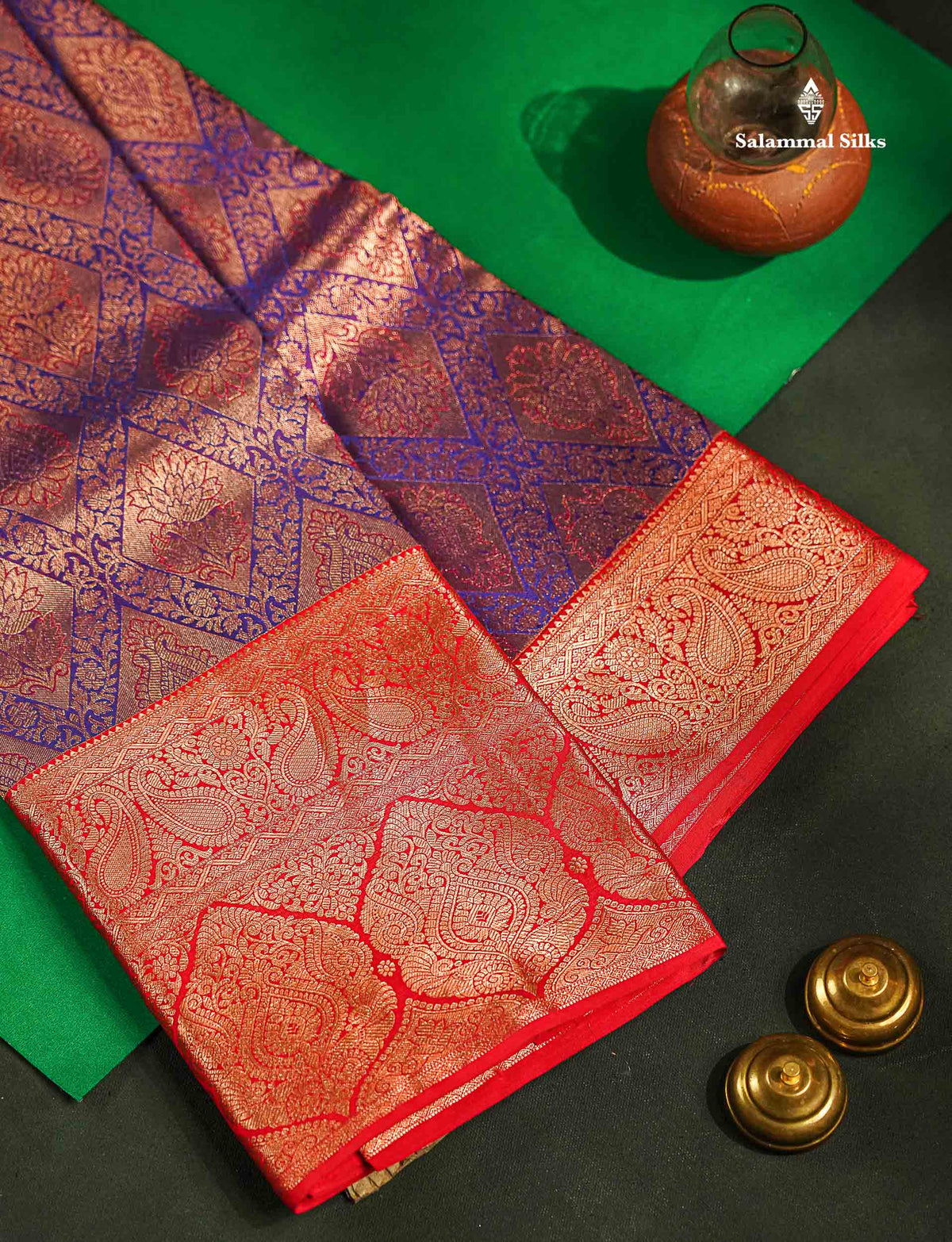 Beautiful Violet Bridal Pure Kanjivaram Silk Saree With Contrast Chilly Red Traditional Evening Morning Border