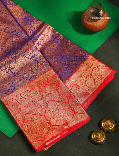Beautiful Violet Bridal Pure Kanjivaram Silk Saree With Contrast Chilly Red Traditional Evening Morning Border