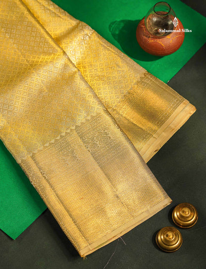 Beautiful Beige Tissue 2G Pure Kanjivaram Silk Saree With Traditional Evening Morning Border