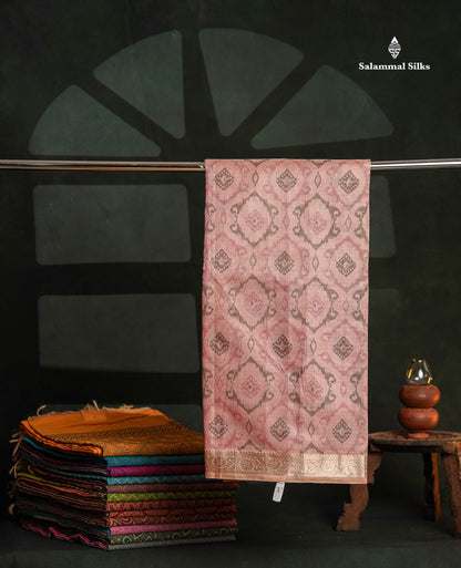 Beautiful Onion Pink Vaira Oosi Lines Mixed Cotton Saree With Fancy Small Border