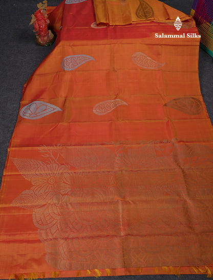 Beautiful Dual Tone Orange Fancy Pure Kanjivaram Silk Saree With Blouse