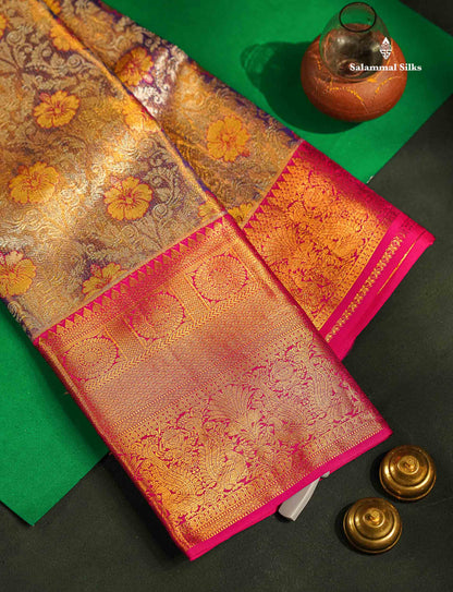 Beautiful Light Violet Tissue Bridal Pure Kanjivaram Silk Saree With Contrast Pink Traditional Evening Morning Border