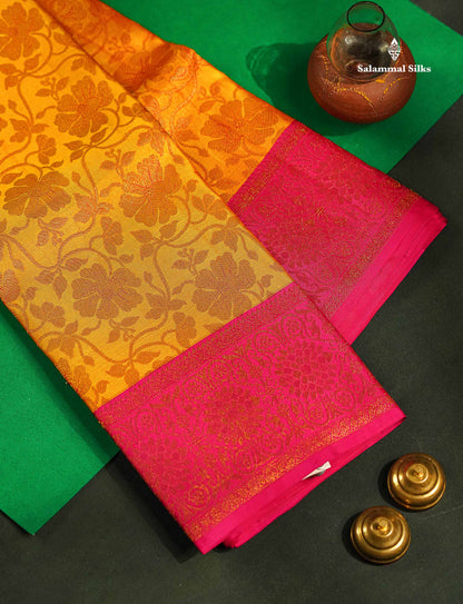 Beautiful Mustard Yellow Bridal Pure Kanjivaram Silk Saree With Contrast Pink Traditional Border