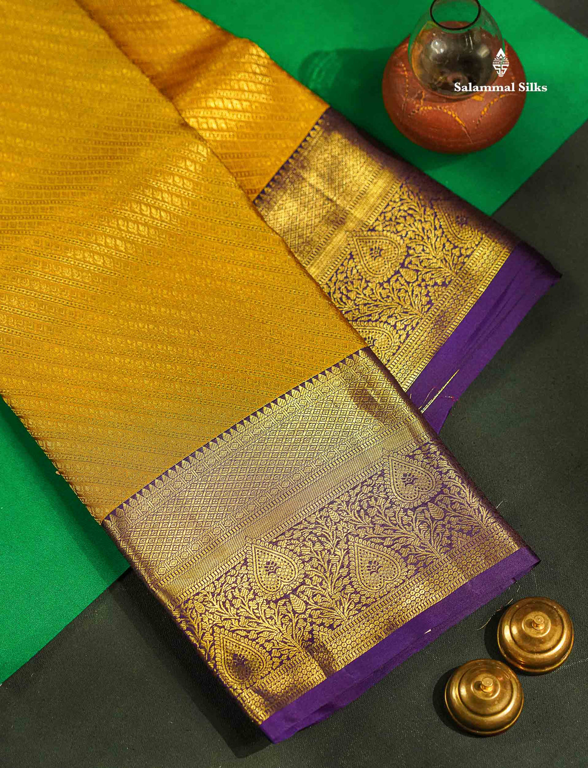 Beautiful Mehandi Green Bridal Pure Kanjivaram Silk Saree With Contrast Violet Traditional Border