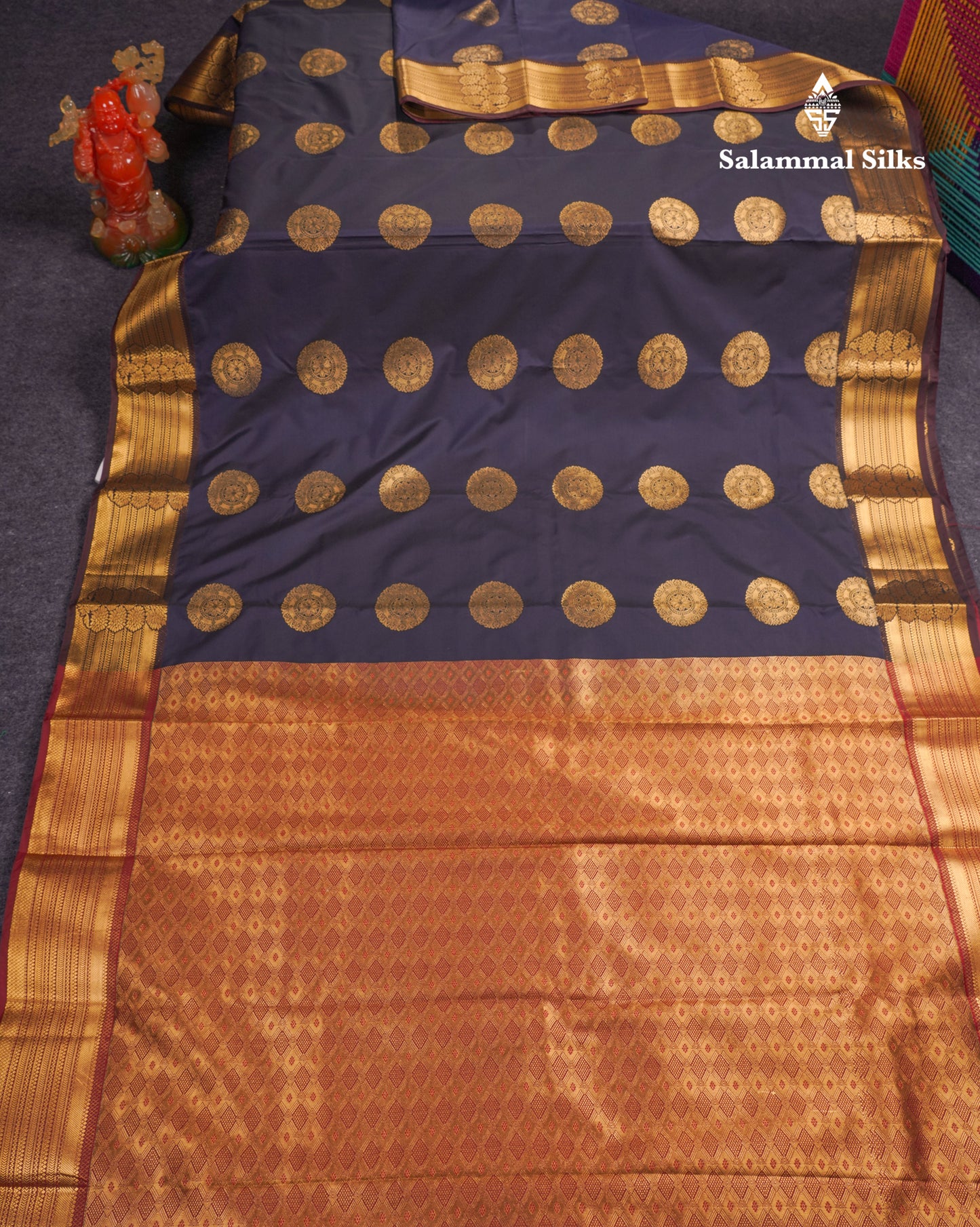 Beautiful Rust Orange Traditional Buttas Semi Silk Saree With Dark Maroon Border