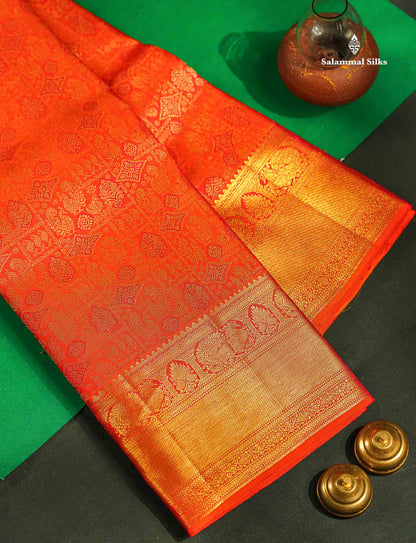 Beautiful Orange Bridal Pure Kanjivaram Silk Saree With Traditional Medium Border