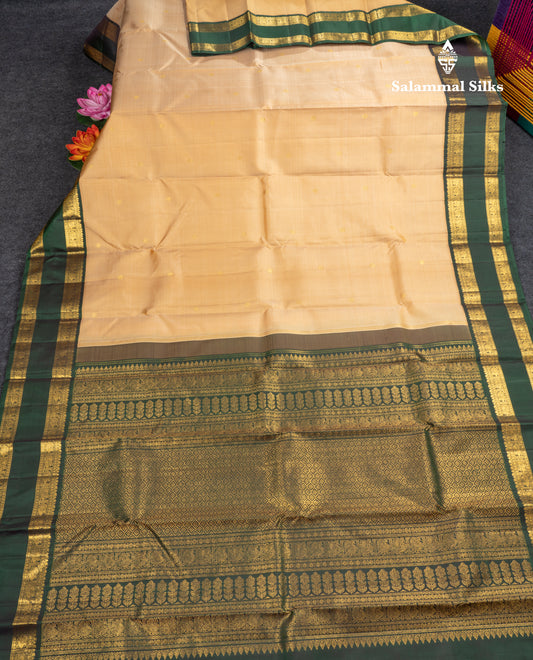 Korvai Beige Pure Kanjivaram Silk Saree With Traditional Bottle Green Double Border
