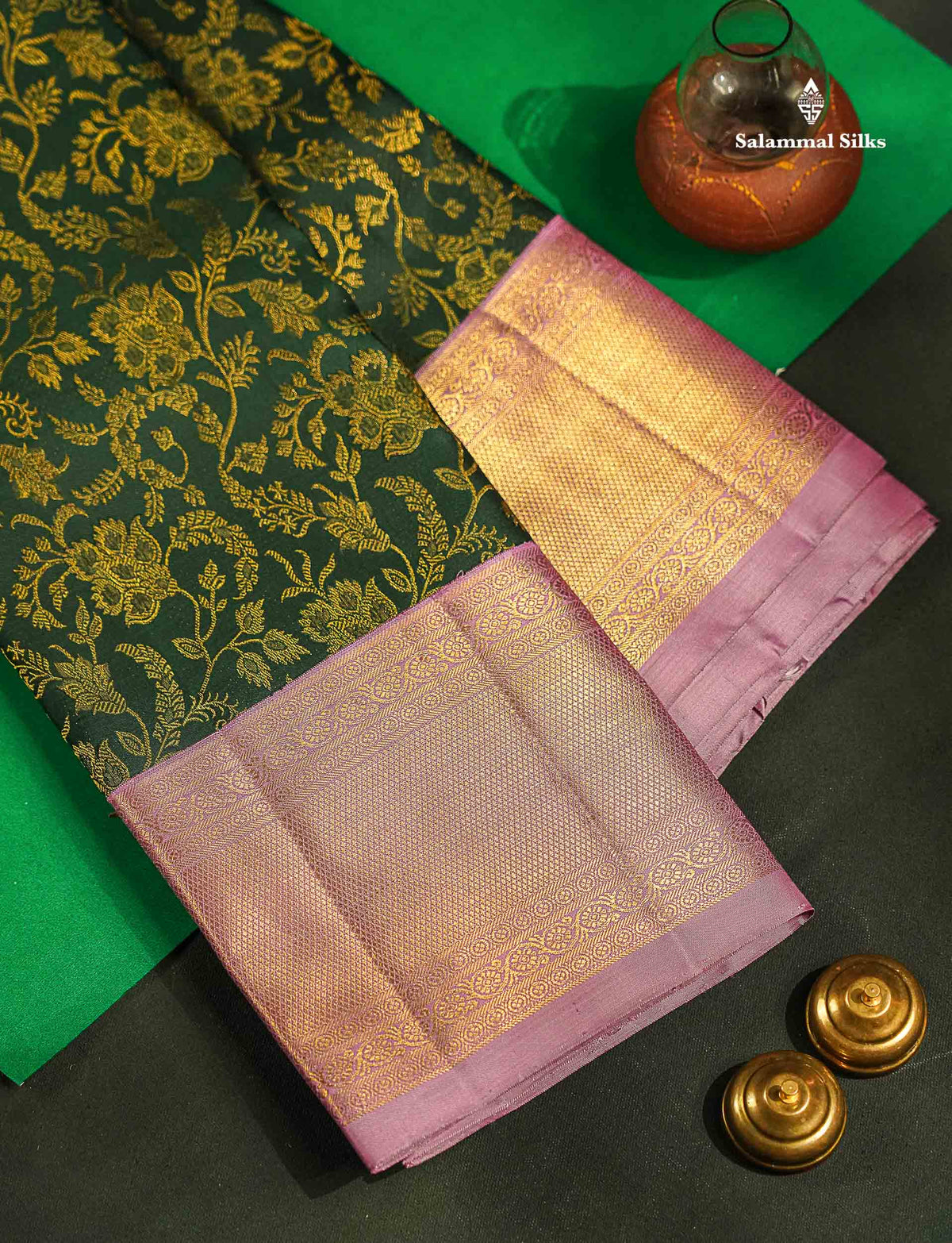 Korvai Beautiful Bottle Green Pure Kanjivaram Silk Saree Pure Zari With Contrast Light Pink Traditional Border