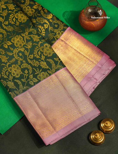 Korvai Beautiful Bottle Green Pure Kanjivaram Silk Saree Pure Zari With Contrast Light Pink Traditional Border